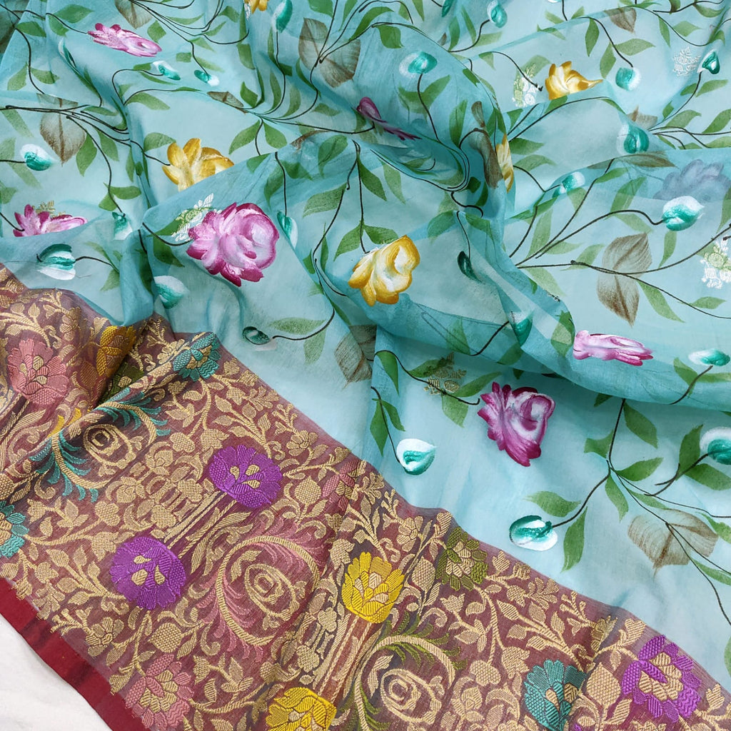 Sky Blue Color Pure Cotton Silk Handwoven Banarasi Saree