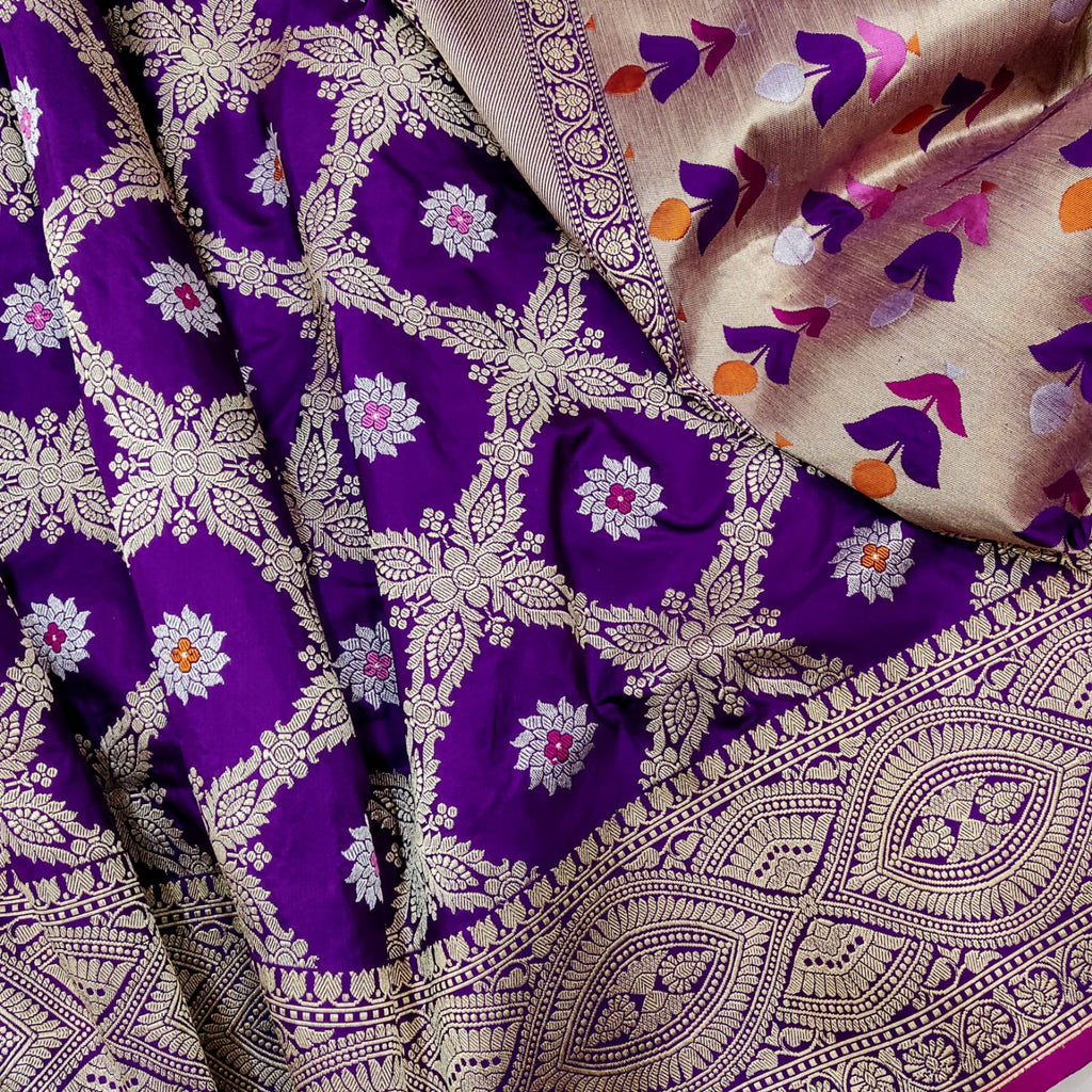 Purple Color Pure Katan Silk Handwoven Banarasi Jungla Saree