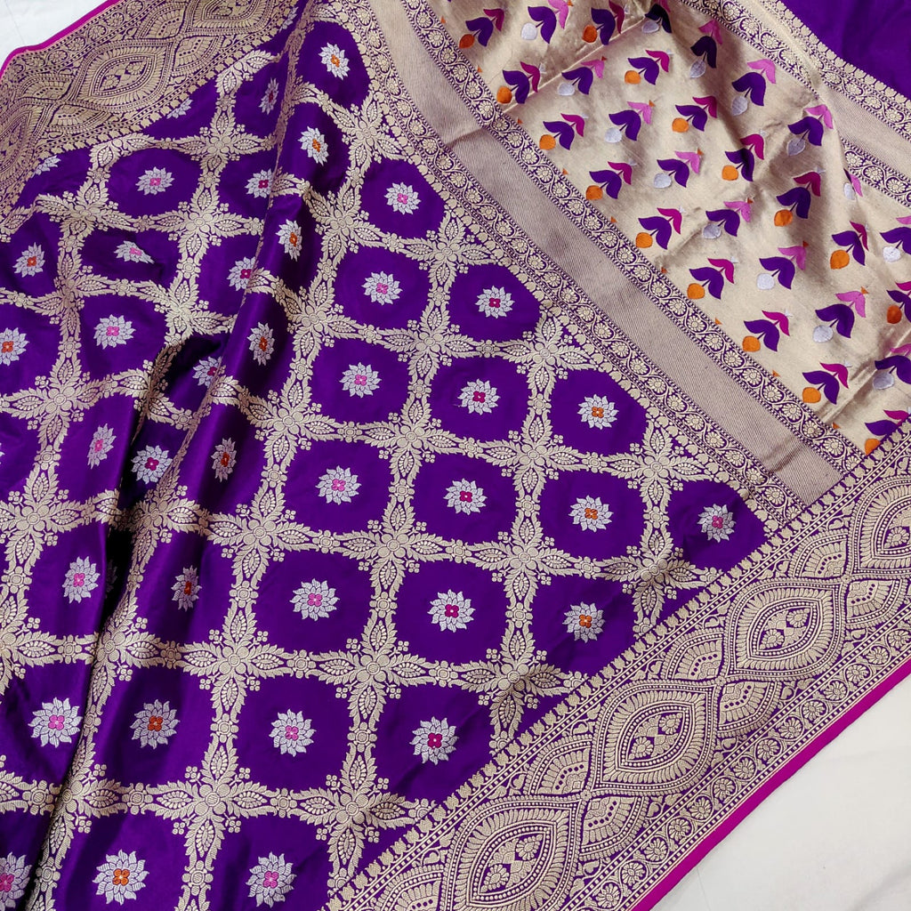 Purple Color Pure Katan Silk Handwoven Banarasi Jungla Saree