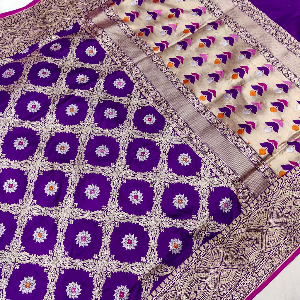 Purple Color Pure Katan Silk Handwoven Banarasi Jungla Saree