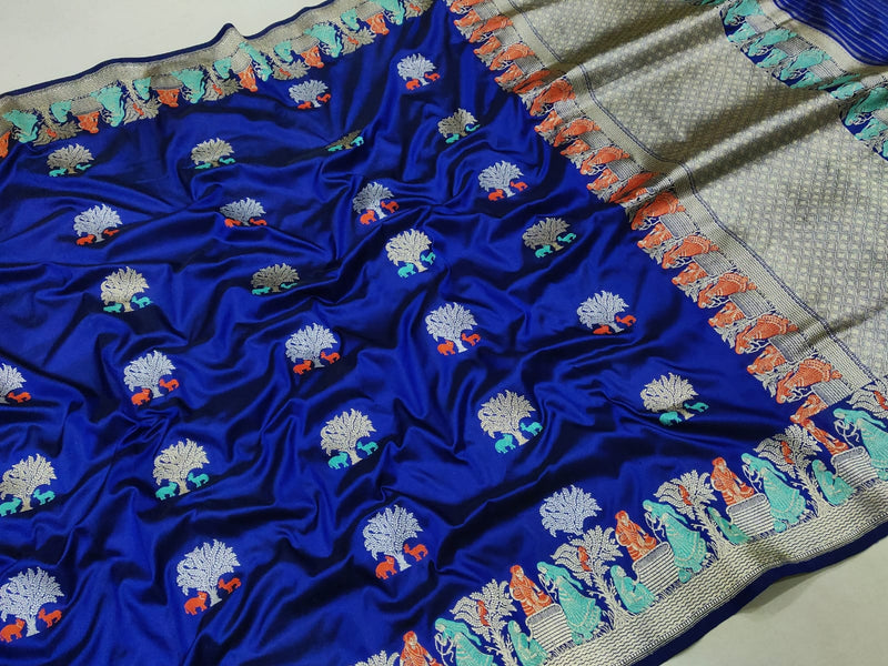 Royal blue Colour Pure Katan Silk Handwoven Banarasi Saree