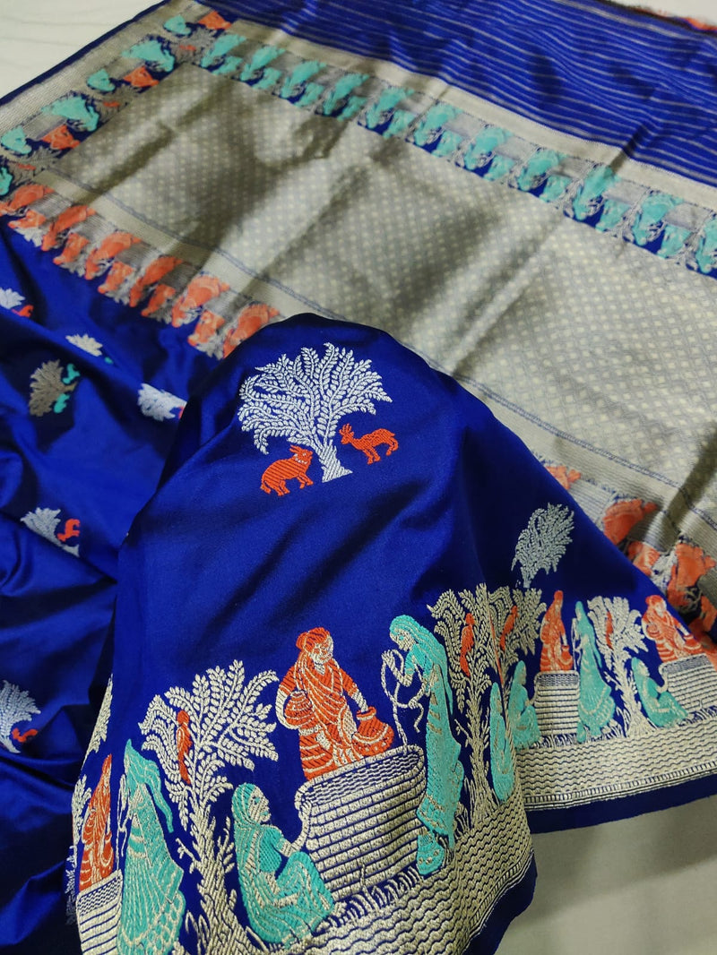 Royal blue Colour Pure Katan Silk Handwoven Banarasi Saree