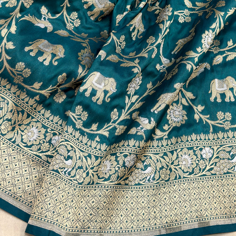 Peacock colour pure katan silk handwoven Banarasi saree