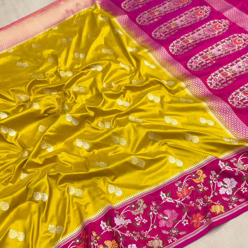 Mustard yellow colour pure katan silk handwoven Banarasi saree