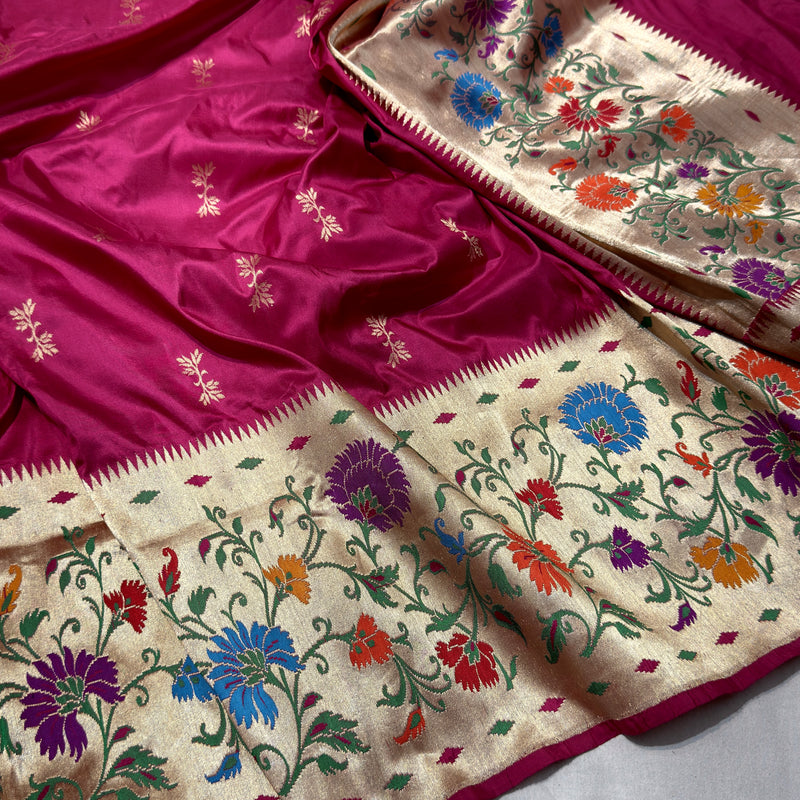 Magenta colour pure katan silk handwoven Banarasi saree
