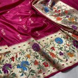 Magenta colour pure katan silk handwoven Banarasi saree