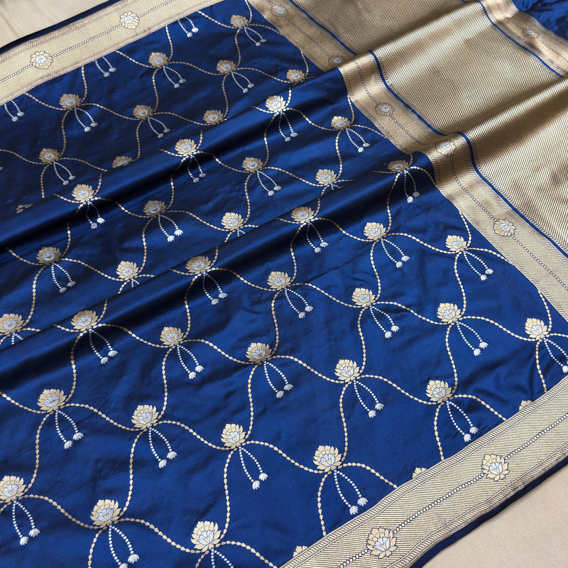 Blue colour pure katan silk handwoven Banarasi saree