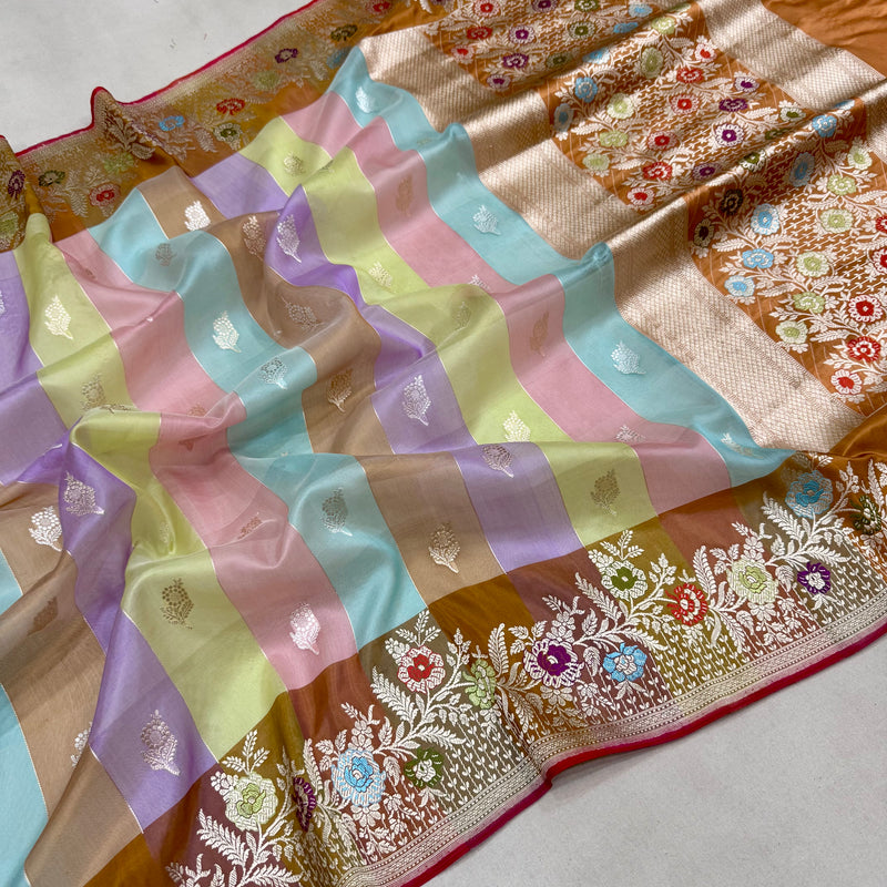 Multicolor pure kora handwoven Banarasi saree