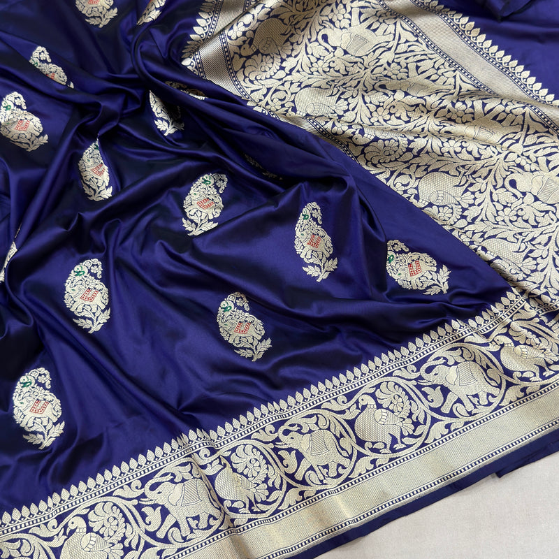 Nevi blue colour pure katan silk handwoven Banarasi saree