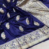 Nevi blue colour pure katan silk handwoven Banarasi saree