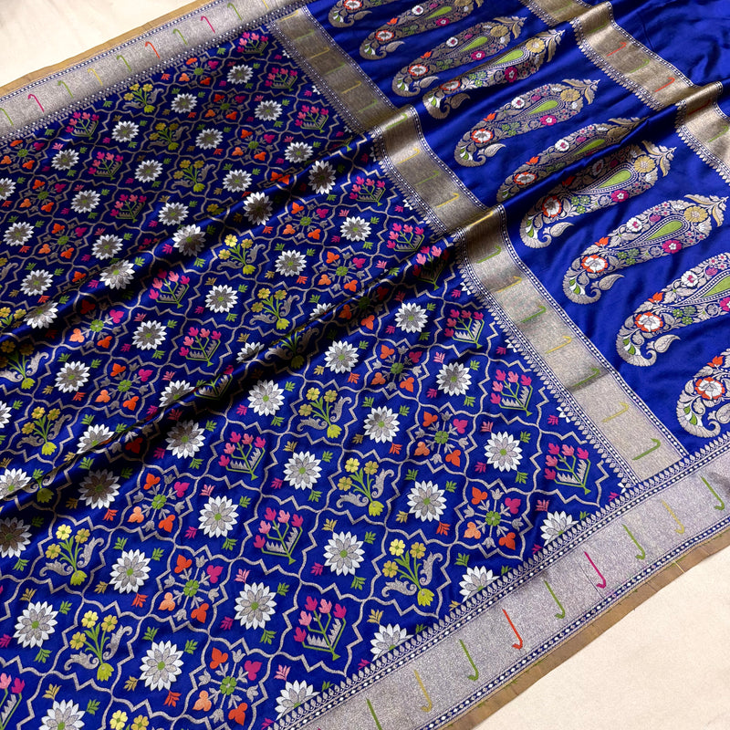 Royal blue colour pure katan silk handwoven Banarasi saree