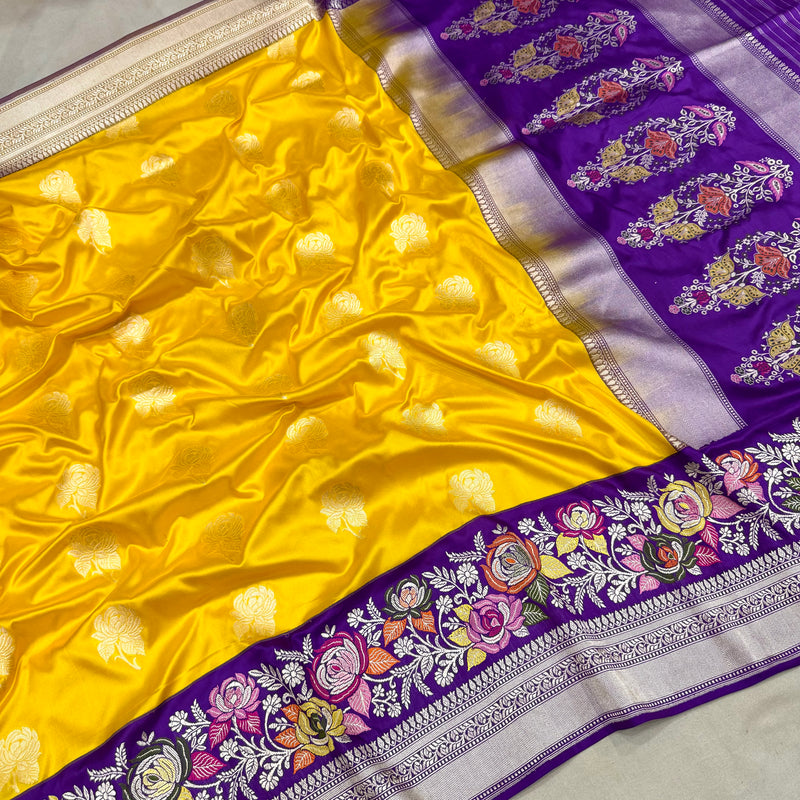 Yellow colour pure katan silk handwoven Banarasi saree