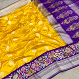 Yellow colour pure katan silk handwoven Banarasi saree