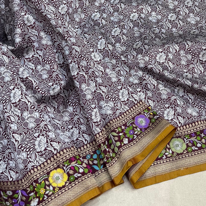 Brown colour pure katan silk handwoven Banarasi saree