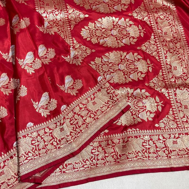 Red colour pure katan silk handwoven Banarasi saree