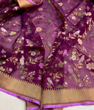 Deep magenta colour pure kora jamdani handwoven Banarasi saree