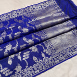 Royal blue colour pure katan silk by georgette handwoven Banarasi saree