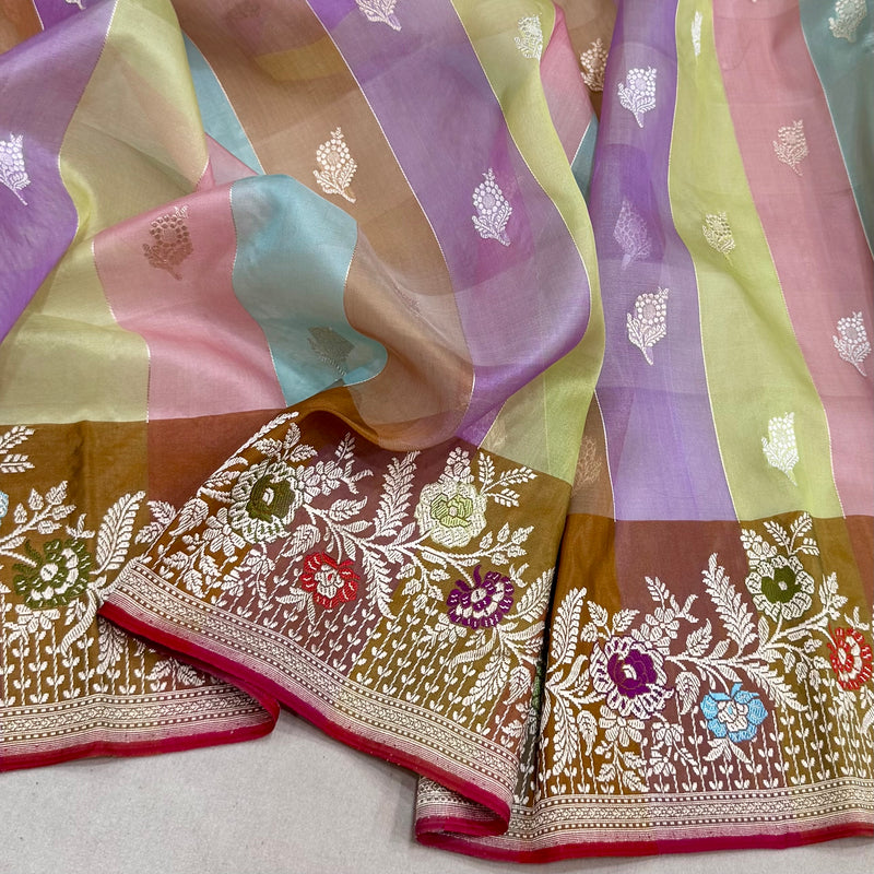 Multicolor pure kora handwoven Banarasi saree