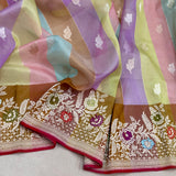 Multicolor pure kora handwoven Banarasi saree