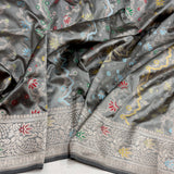 Grey colour pure katan silk handwoven Banarasi saree