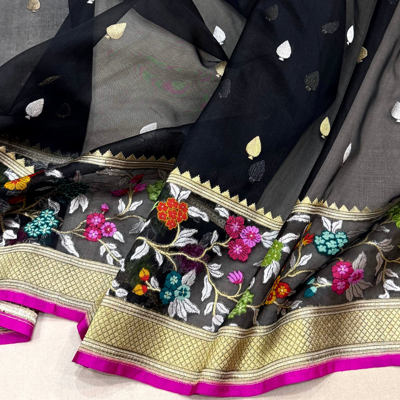 Black colour pure kora handwoven Banarasi saree