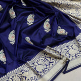 Nevi blue colour pure katan silk handwoven Banarasi saree