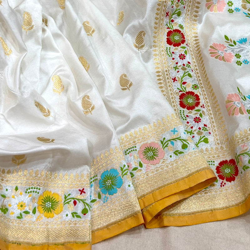 White color pure katan silk handwoven Banarasi saree
