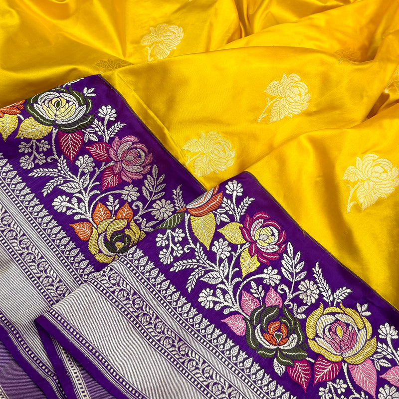 Yellow colour pure katan silk handwoven Banarasi saree