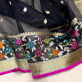 Black colour pure kora handwoven Banarasi saree