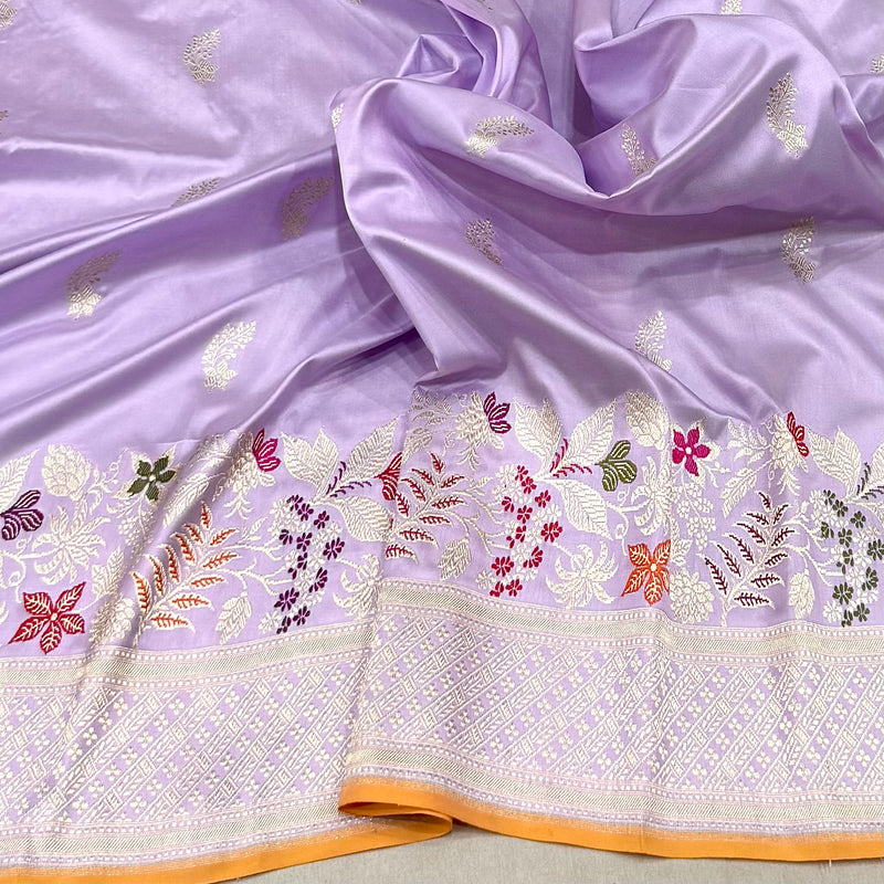 Lavender colour pure katan silk handwoven Banarasi saree