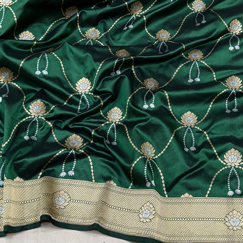 Bottle green colour pure katan silk handwoven Banarasi saree