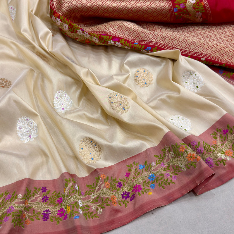 Off white colour pure katan silk handwoven Banarasi saree