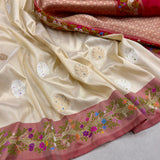 Off white colour pure katan silk handwoven Banarasi saree