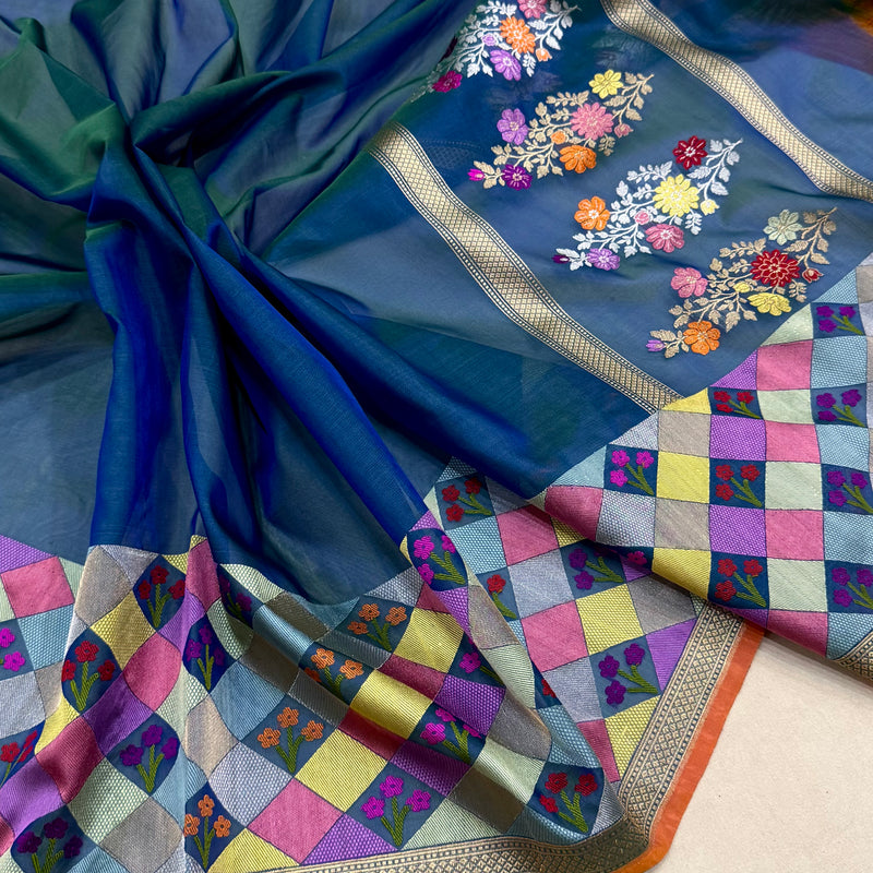 Peacock colour pure kora handwoven Banarasi saree