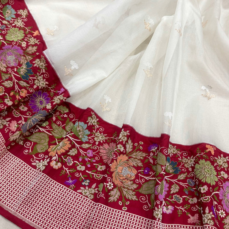 White colour pure kora handwoven Banarasi saree