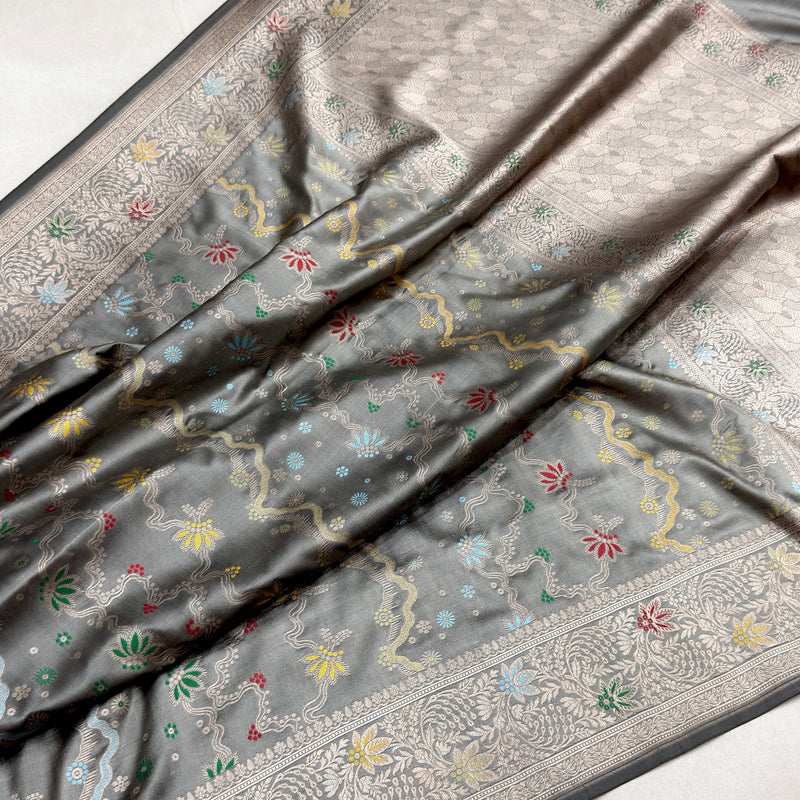 Grey colour pure katan silk handwoven Banarasi saree