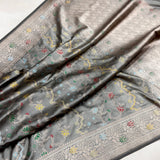 Grey colour pure katan silk handwoven Banarasi saree