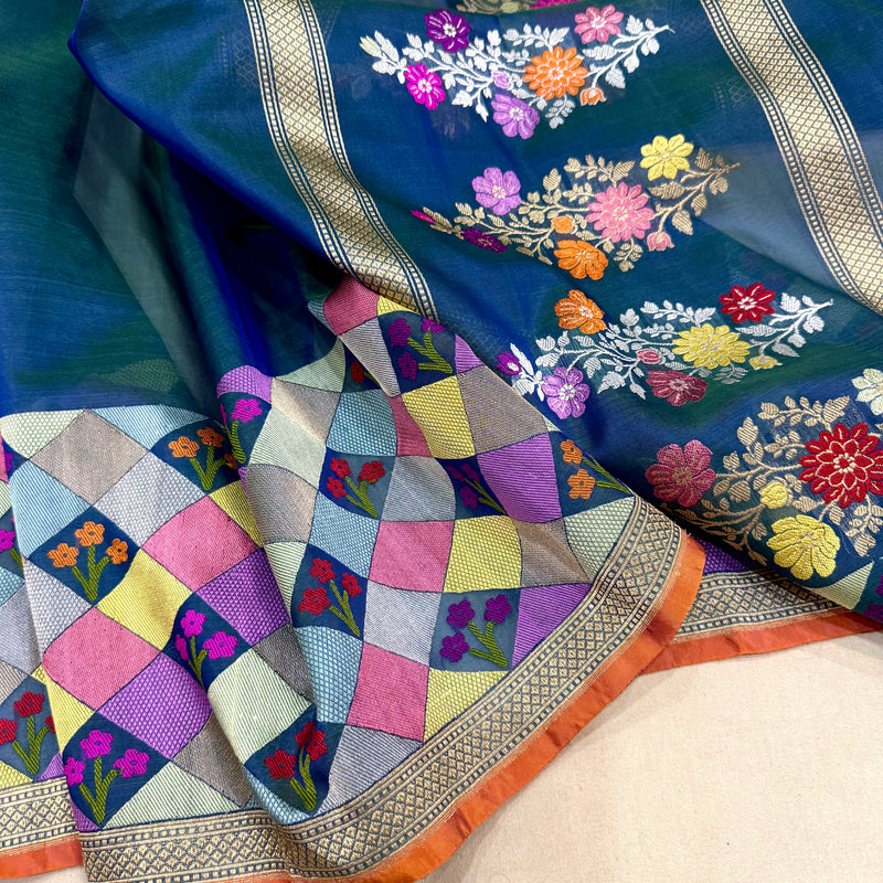 Peacock colour pure kora handwoven Banarasi saree