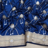 Blue colour pure katan silk handwoven Banarasi saree
