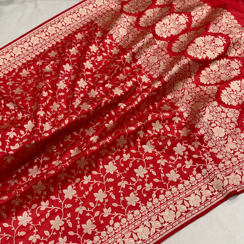Red colour pure katan silk handwoven Banarasi silk