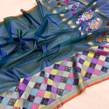 Peacock colour pure kora handwoven Banarasi saree