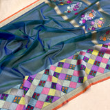 Peacock colour pure kora handwoven Banarasi saree