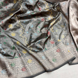 Grey colour pure katan silk handwoven Banarasi saree