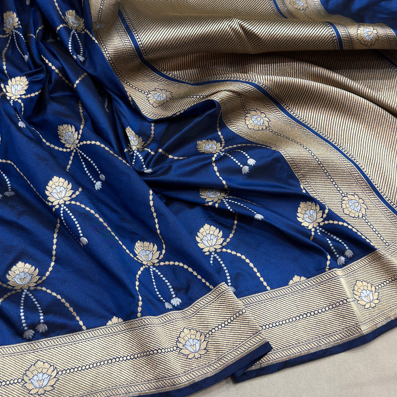 Blue colour pure katan silk handwoven Banarasi saree