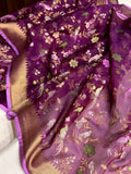 Deep magenta colour pure kora jamdani handwoven Banarasi saree