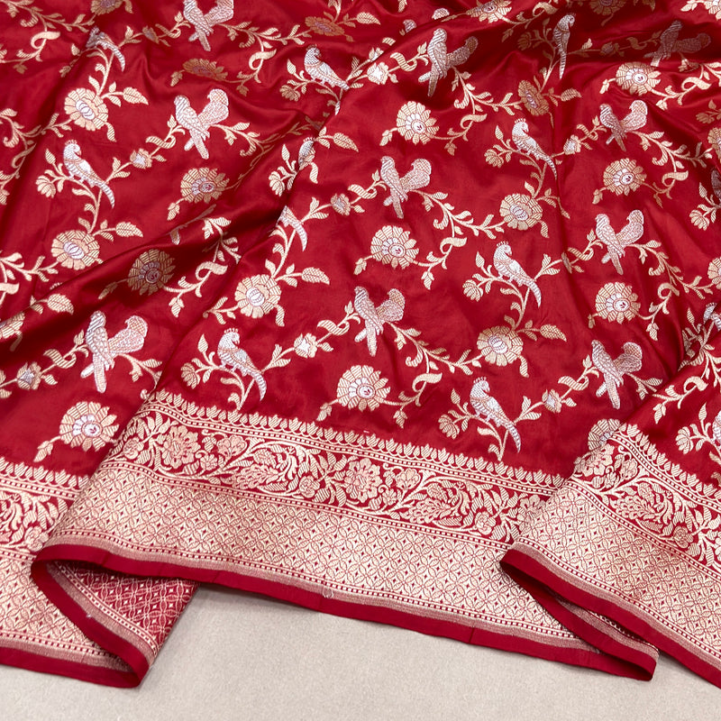 Red colour pure katan silk handwoven Banarasi saree