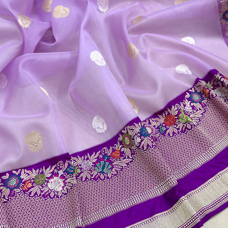 Lavender colour pure kora handwoven Banarasi saree