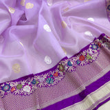 Lavender colour pure kora handwoven Banarasi saree