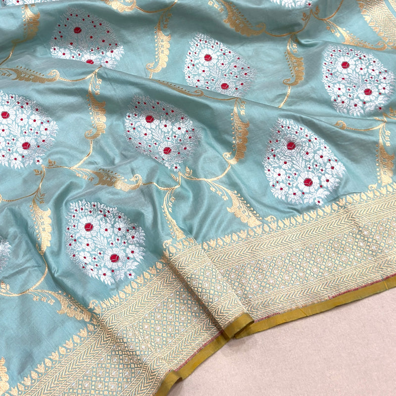Sky blue colour pure katan silk handwoven Banarasi saree