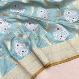 Sky blue colour pure katan silk handwoven Banarasi saree